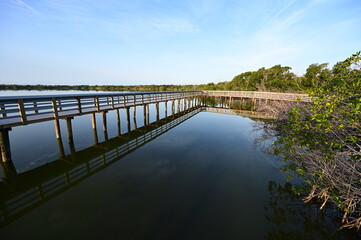 Boardwalk on West Lake in Everglades National Park, Florida recently reopened after extensive repairs following Hurricane Irma damage, at sunrise.
