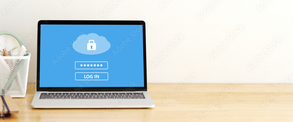 Wall mural laptop computer with cloud data storage password login on screen, cyber security concept
