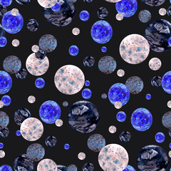 Watercolor pattern of the planets of the solar system and the satellite of Jupiter on a dark background for your design