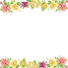 Copy space watercolor rose flowers yellow and pink square banner