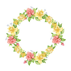 Copy space watercolor rose flowers yellow and pink square banner