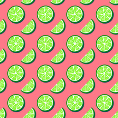 Simple pattern with lime slices. Vector illustration on a pink background. For use in packaging, prints, fabrics, brochures and covers, stationery, flyers.