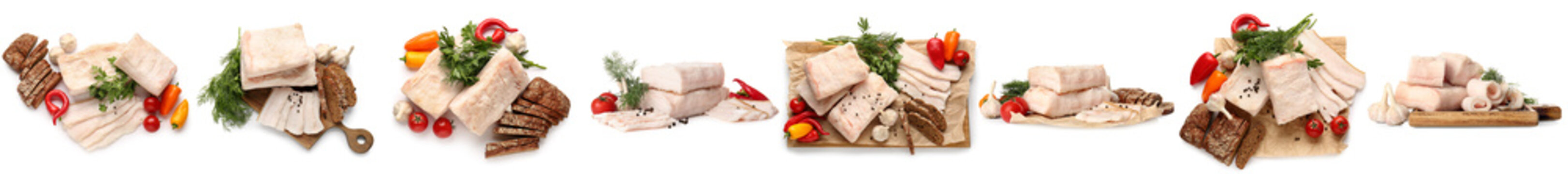 Raw pork fat with bread, spices and vegetables on white background