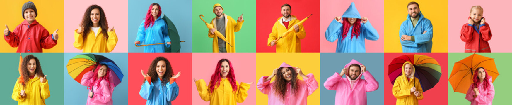 Collage with many different people in raincoats on colorful background