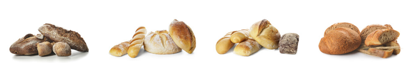 Assortment of tasty fresh bread on white background