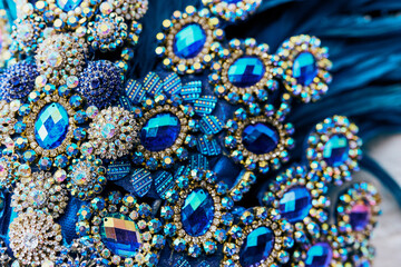 The audience will see this sparkle from far. Closeup shot of a costumes headwear of samba dancers...