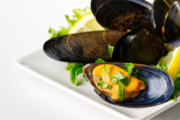 Mussels in sauce. Shellfish dish. Seafood dishes. Fresh Mussels.