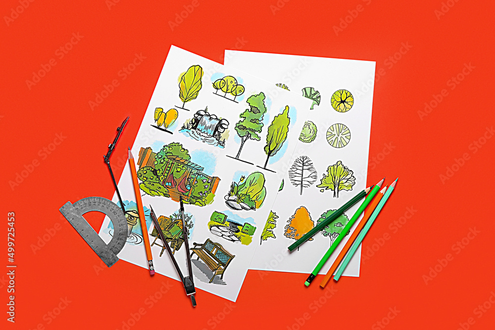 Poster paper sheets with sketches for landscape design and stationery on color background