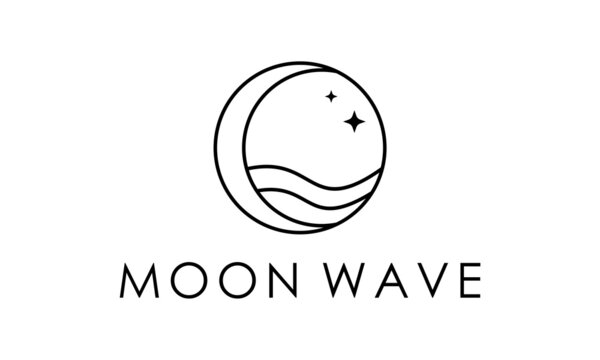 crescent moon and waves logo design. luxury linear outline style.