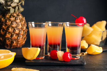 Board with tasty Pineapple Upside Down Cake Shots on black background