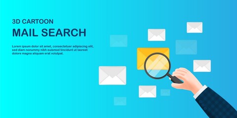 3D cartoon illustration. Businessman hand holding magnifier glass, searching mailbox email envelope