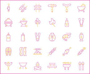 Set of barbecue and Grill icons line style. It contains such Icons as BBQ, picnic, camping, meat, steak, food, outdoor, hiking, sausages, beef and other elements.