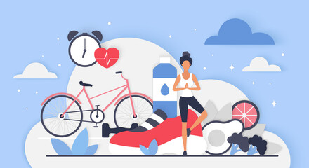 Active lifestyle with exercise workout and healthy diet. Tiny person in yoga tree zen pose, bicycle and sneakers for sport activity, natural ingredients for detox, slimming flat vector illustration - obrazy, fototapety, plakaty