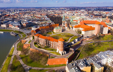 Fototapeta na wymiar Aerial view on the medieval castle Wawel. Wawel city. 