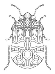 Ornamental fantasy beetle colouring page for adults vector illustration. Funny hand-drawn insect black outline isolated on white. Fantasy insect colouring page vertical printable worksheet