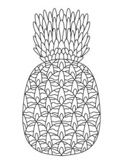 Hand-drawn decorative pineapple colouring page for adults vector illustration. Funny ornamental tropical fruit black outline isolated on white. Funny exotic pineapple vertical colouring book page