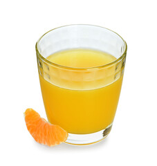 Glass of delicious tangerine juice on white background