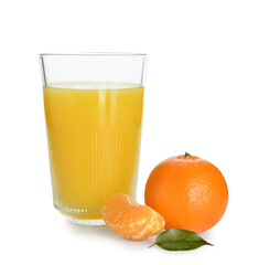 Glass of delicious tangerine juice on white background