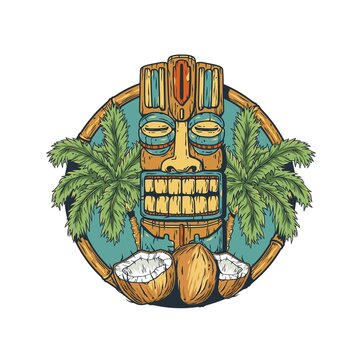 Tiki mask and tropical fruits. Exotic palm and coconut for summer hawaiian tiki bar or tropic beach