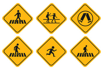 Obraz premium illustration set of school zone street orpedestrian area. pedestrians yellow signsisolated on white background