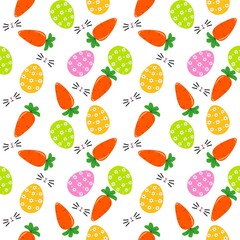 Hand drawn seamless pattern in doodle style. Festive characters with egg shell. Line art drawing