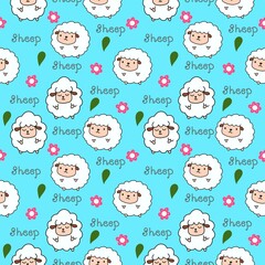 Seamless Pattern. Sheep sleeping eyes.Cute cartoon kawaii funny smiling baby character.