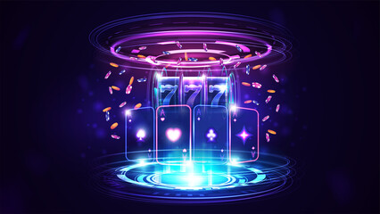 Neon Casino playing cards, slot machine with jackpot, poker chips, gold coins and hologram of digital rings in dark empty scene