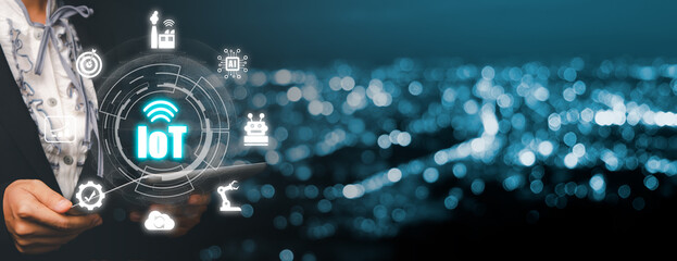 IOT Internet of things, Woman hand using digital tablet with VR screen Internet of things icon background, Digital transformation, Modern technology concept...