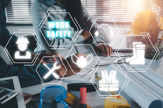 Work Safety Concept, Construction Team Worker Working In Office With VR Screen Work Safety Icon, First Secure Rules. Health Protection, Personal Security People On Job.