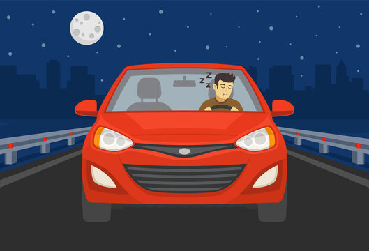 Close-up front view of a drowsy driver. Sleeping young male character while driving a red car on highway at night. Flat vector illustration template.