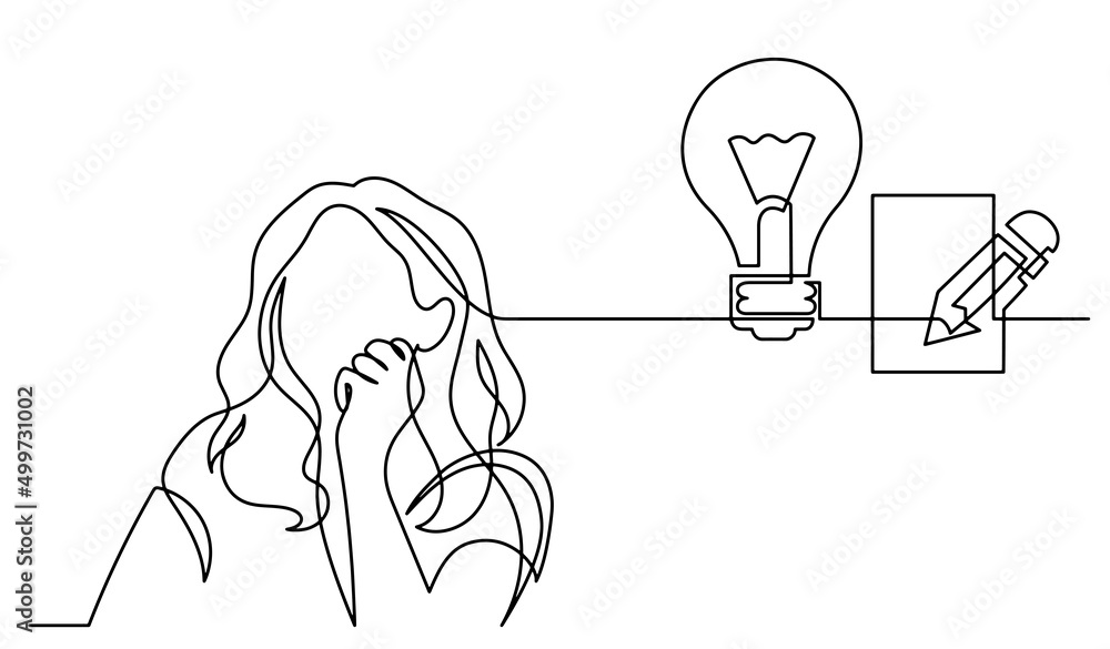 Poster one line drawing of person thinking about idea solving problems finding solutions