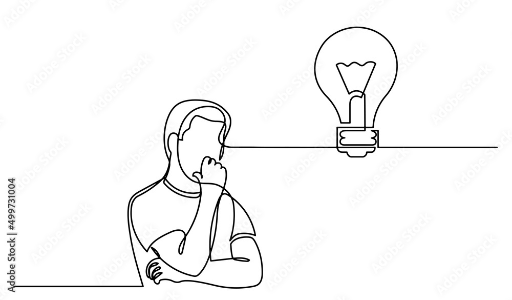 Poster one line drawing of person thinking about idea solving problems finding solutions