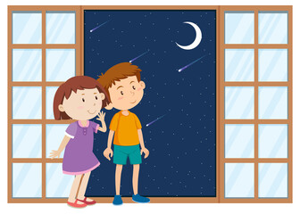 Fototapeta na wymiar Two kids standing at window and looking at the moon