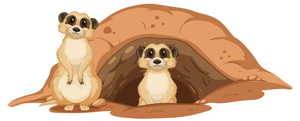 Two meerkats with burrow in cartoon style - obrazy, fototapety, plakaty