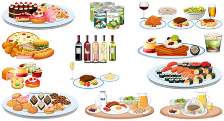 Set of different foods and beverages
