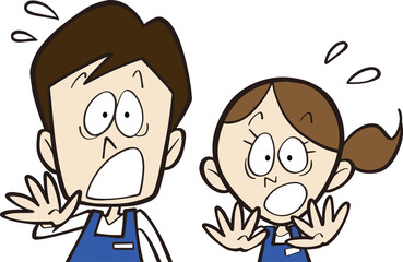 慌てる男性と女性の店員