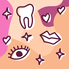 Cute illustration doodle hand drawn tooth, eye, lips, stars and hearts on the white color on the pink and peach soft background for web, stickers, card, notebook, poster, cover and design