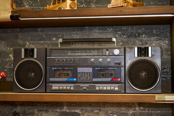 Close-up of old retro tape recorder radio