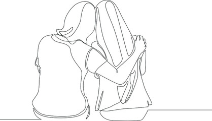 One continuous line drawing of Closeup of mother and daughter sitting and her hands resting on shoulders. Trendy single line draw design vector graphic illustration.