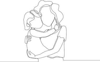 Single one line drawing Happy young mother with curly hair holds a baby in her arms. Continuous line draw design graphic vector illustration.
