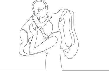 Single one line drawing. Young mother throwing baby up. Mother's day. Continuous line draw design graphic vector illustration. 