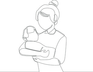 Single one line drawing Asian mother is holding her baby on her lap. Mother's day. Continuous line draw design graphic vector illustration.
