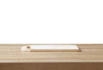 wooden cutting board on table on white background