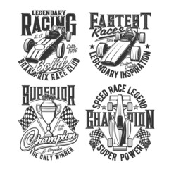 Tshirt prints with bolide car vector emblems for rally, racing club and motorsport championship. T shirt prints roadster race symbols with checkered flag, winner cup, retro vehicles and champion stars