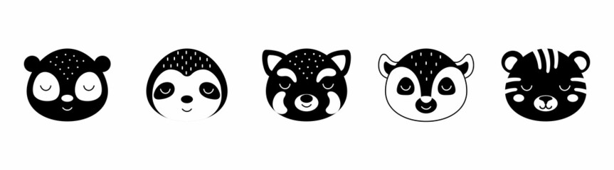 Black and white animal heads set of panda, sloth, red panda, lemur, tiger. Animal faces in scandinavian style. Desing for kids t-shirts, wear, nursery decoration, greeting cards, other.