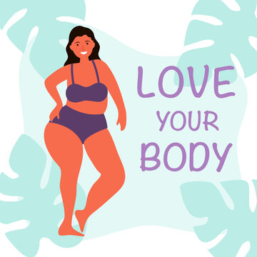 Love your body concept vector illustration. Big size woman wearing underwear in flat design on white background.
