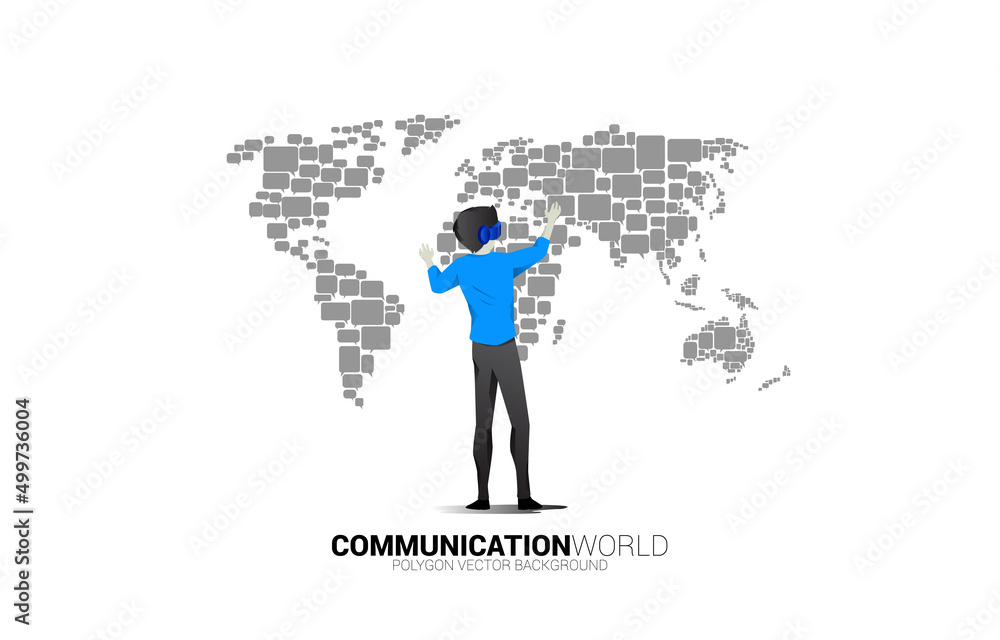 Poster silhouette businessman wear vr glasses with group of speech bubble icon shape to world map . concept