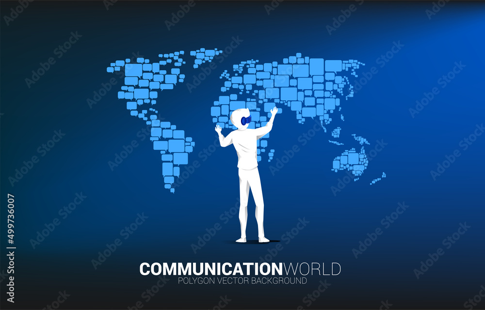 Poster silhouette businessman wear vr glasses with group of speech bubble icon shape to world map . concept
