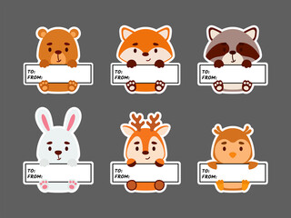 Sticky labels set of bear, fox, hare, raccoon, deer, owl. Cute cartoon animal tags for notepad, memo pad, flag marker for office school, scrapbooking, baby shower, invitation, decor.