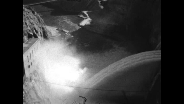 Hoover Dam Outlet Works 1935 - Water is discharged from the Hoover Dam outlet works in 1935.